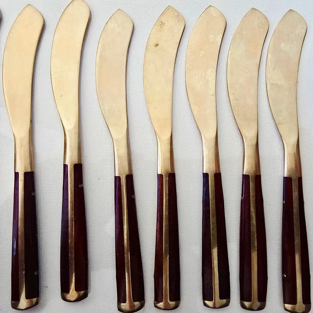 Vintage MCM Jean Claude Style Rosewood Brass Bronze Flatware KNIVES 10pcs READ